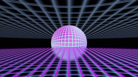 Spinning-white-blue-sphere-on-black-background-with-purple-box-mesh-push-in-pattern