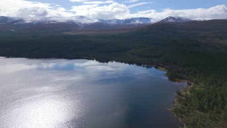 Luftaufnahme-Vom-Loch-Morlich,-Schneebedeckte-Berge-Im-Hintergrund,-Schottland