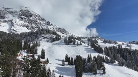Schneebedeckte-Berge-Mit-Kiefernwald-An-Einem-Sonnigen-Wintertag-In-Glarus-Nord,-Schweiz