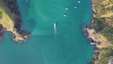 Top-Down-View-Over-Matiatia-Bay-With-Boats-And-Wharf-In-Auckland,-New-Zealand---Drone-Shot