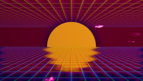 Vaporwave-sunset,-golden-sun-on-purple-red-background-with-cloud-particles
