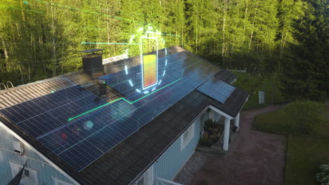 Visualisierung-Des-Ladens-Von-Batterien-Auf-Einem-Hausdach-Mit-Solarmodulen---VFX-Rendering
