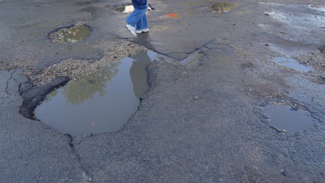 Government-failing-to-fix-broken-city-street-holes,-people-walking