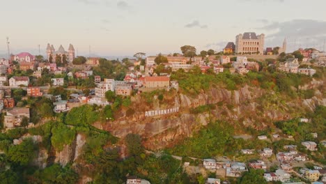 Rova---Queen's-Palace-with-"Antananarivo"-sign-in-Madagascar-in-sunset