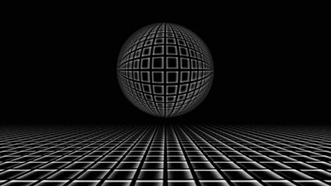 Black-and-white-globe-grid-spins-above-fishnet-mesh-on-minimal-backdrop