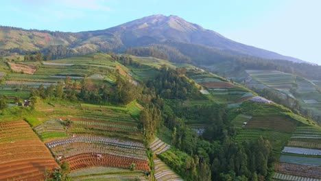 Mount-Sumbing-surrounded-with-rural-landscape-in-Indonesia,-aerial-view