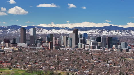 City-Wash-Park-Downtown-Denver-Colorado-Spring-Mount-Blue-Sky-Evans-Aerial-drone-USA-Front-Range-Rocky-Mountains-foothills-skyscrapers-neighborhood-Ferril-Lake-daytime-sunny-clouds-backward-motion