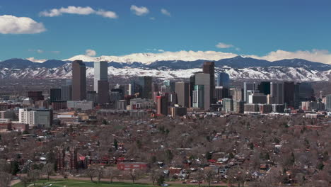 Fountain-City-Park-Downtown-Denver-Colorado-Spring-Mount-Blue-Sky-Evans-Aerial-drone-USA-Front-Range-Rocky-Mountains-foothills-skyscrapers-neighborhood-Ferril-Lake-daytime-sunny-clouds-circle-left