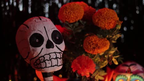 Skeleton-decoration-and-cempasuchil-blossoms-on-Dia-de-Muertos-altar