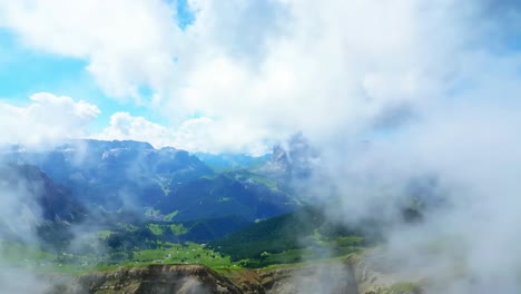 View-from-above,-stunning-aerial-view-of-the-mountain-range-of-Seceda-during-a-cloudy-day