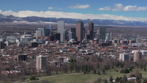 Wash-Park-Downtown-Denver-Colorado-aerial-drone-neighborhood-streets-Spring-Mount-Blue-Sky-Evans-Front-Range-Rocky-Mountains-foothills-skyscrapers-Ferril-Lake-daytime-sunny-clouds-upward