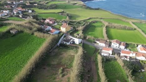 Aerial-view-of-houses-nestled-amidst-lush-green-fields-under-the-sun-in-the-Azores