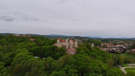 European-architecture,-Nowy-Wisnicz-fortification-and-castle-aerial-panorama