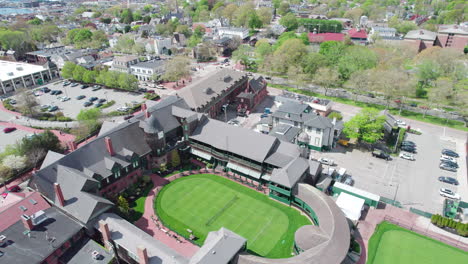 Circular-aerial-view-over-the-Tennis-Hall-of-Fame-in-Newport,-Rhode-Island