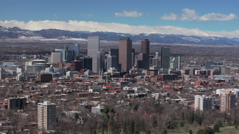 Downtown-Denver-Colorado-City-Park-Flat-Irons-Boulder-Aerial-drone-USA-Front-Range-Mountain-foothills-landscape-skyscrapers-Wash-Park-Ferril-Lake-daytime-sunny-clouds-neighborhood-left-motion