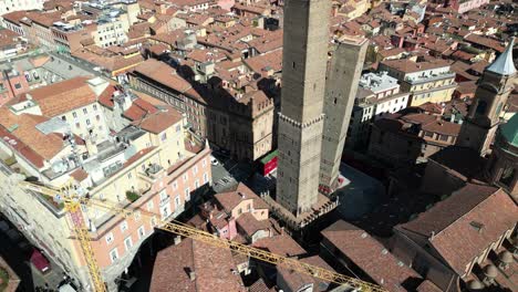 Aerial-closeup-of-the-base-of-the-two-towers-in-Bologna-Italy