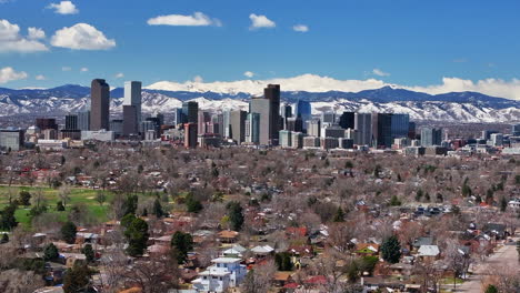 City-Park-Golf-Course-Downtown-Denver-Colorado-aerial-drone-neighborhood-streets-Spring-Mount-Blue-Sky-Evans-Front-Range-Rocky-Mountains-foothills-skyscrapers-Ferril-Lake-daytime-sunny-clouds-upward