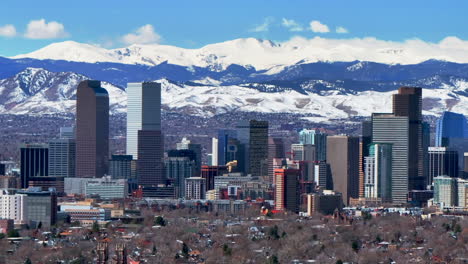 Spring-Downtown-Denver-Colorado-City-Park-Mount-Blue-Sky-Evans-Aerial-drone-USA-Front-Range-Rocky-Mountains-foothills-skyscrapers-landscape-Ferril-Lake-daytime-sunny-clouds-neighborhood-backwards