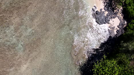 Nahaufnahme-Einer-Schnellen-Luftaufnahme-über-Klares-Wasser,-Felsen-Und-Palmen