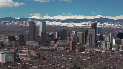 Downtown-Denver-Colorado-aerial-drone-neighborhood-streets-Spring-Mount-Blue-Sky-Evans-Flat-Irons-Boulder-Front-Range-Rocky-Mountains-foothills-skyscrapers-daytime-sunny-clouds-circle-right-motion