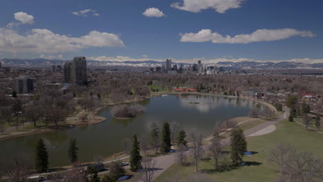 City-Wash-Park-Downtown-Denver-Colorado-Spring-Mount-Blue-Sky-Evans-Aerial-drone-USA-Front-Range-Rocky-Mountains-foothills-skyscrapers-neighborhood-Ferril-Lake-daytime-sunny-clouds-down-motion