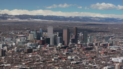 Denver-Colorado-City-Park-Flat-Irons-Boulder-Aerial-drone-USA-Front-Range-Mountain-foothills-landscape-of-downtown-skyscrapers-Wash-Park-Ferril-Lake-daytime-sunny-clouds-neighborhood-circle-right