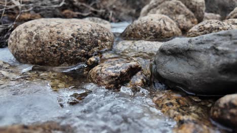 A-frozen-creek-with-rocks-and-ice-in-a-winter-forest,-creating-a-serene-natural-atmosphere