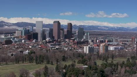 City-Park-Denver-Colorado-Flat-Irons-Boulder-Aerial-drone-USA-Front-Range-Mountain-foothills-landscape-of-downtown-skyscrapers-Wash-Park-Ferril-Lake-sunny-clouds-neighborhood-cars-traffic-green-upward