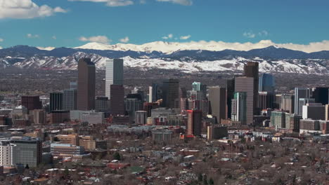City-Park-Downtown-Denver-Colorado-aerial-drone-Spring-Mount-Blue-Sky-Evans-Front-Range-Rocky-Mountains-foothills-skyscrapers-neighborhood-streets-Ferril-Lake-daytime-sunny-clouds-circle-right