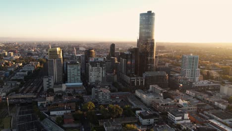 Aerial-View-of-South-Yarra-District-of-Melbourne,-Australia,-Towers,-Buildings,-Railway-and-Streets-on-Sunny-Morning