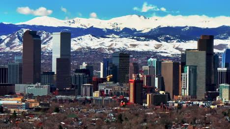 Spring-Downtown-Denver-Colorado-City-Park-Mount-Blue-Sky-Evans-Aerial-drone-USA-Front-Range-Rocky-Mountains-toothills-skyscrapers-landscape-Ferril-Lake-daytime-sunny-clouds-neighborhood-left-motion