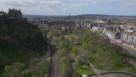 Edinburgh-City-Princes-Street-Gardens-next-to-the-Castle-Rock-AERIAL