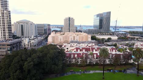 Park-Row-Condo-complex-in-downtown-San-Diego-city,-aerial-view