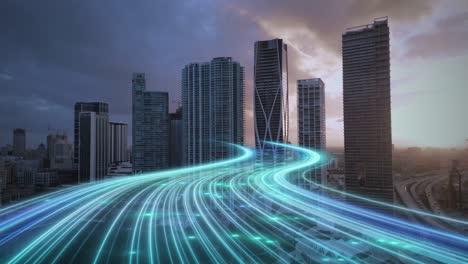Schnelle-Internet-Datenanimation-Mit-Moderner-Smart-City-Skyline-Aus-Der-Luft-Bei-Sonnenuntergang