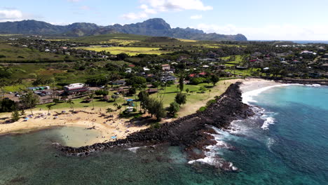 Aerial-Shot-Toward-Poipu-Beach-on-Clear-Day