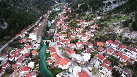 Wide-shot-of-Stolac,-village-in-Bosnia-with-beautifull-clear-river