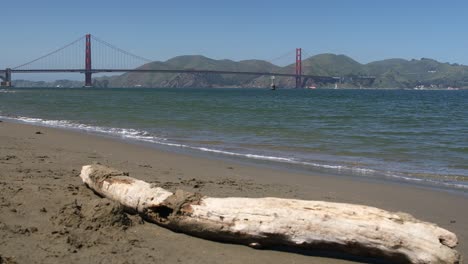 Puente-Golden-Gate-En-El-Fondo-Con-Madera-Muerta-En-Una-Playa-En-Primer-Plano,-San-Francisco,-California,-EE.UU.