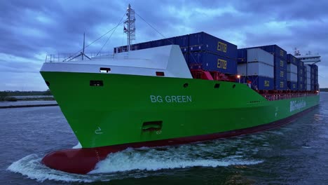 BG-Green-Freight-Line-Voyage-Over-The-Sea-Near-Barendrecht-In-Rotterdam,-South-Holland,-Netherlands