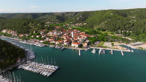 Fly-Over-Skradin-Village-In-The-Protected-Bay-Of-Krka-River-In-Croatia