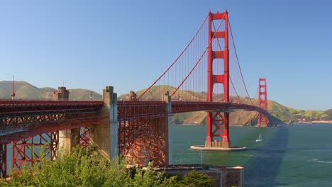 Famous-Landmark-of-the-Golden-Gate-Bridge-from-Vista-Point-South-Viewpoint-with-Blue-Skies-in-San-Francisco,-California,-USA