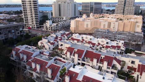 Park-Row-Condo-complex-in-downtown-San-Diego,-cinematic-aerial-fly-over-view