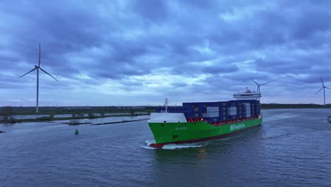 BG-Freight-Line-Ship-Loaded-With-Containers-Near-Barendrecht,-Netherlands,-Rotterdam,-South-Holland