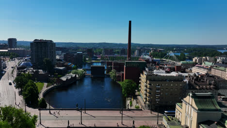 Tammerkoski-river,-calm,-summer-day-in-Tampere,-Finland---Aerial-tracking-shot