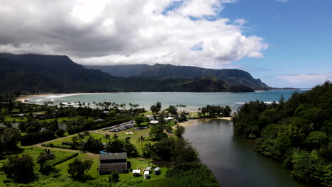 Aerial-Pass-over-Hanalei-River-Toward-Hanalei-Bay-with-Some-Clouds