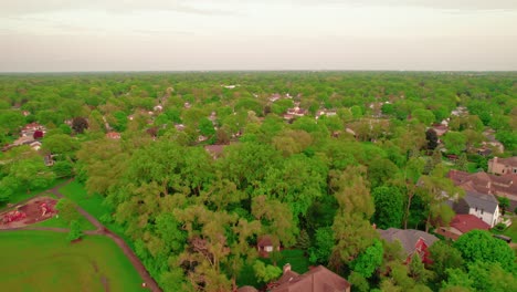 Aus-Der-Luft-Der-Wohngegend-Von-Arlington-Heights-In-Illinois,-USA,-Die-Den-Ethos-Des-Vorstädtischen-Friedens-Und-Des-Gemeinschaftlichen-Lebens-Hervorhebt