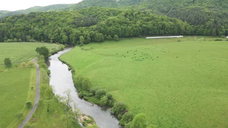 Aerial-drone-view-flying-over-farmland-deep-in-the-Appalachian-Mountains-of-North-Carolina-in-4K