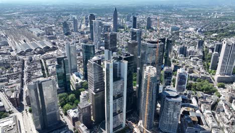Aerial-drone-view-of-the-skyline-of-Frankfurt-am-Main,-Germany-high-rise-buildings