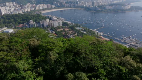 Imágenes-Aéreas-Volando-Sobre-Algunos-árboles-Para-Revelar-La-Bahía-De-Botafogo-En-Río-De-Janeiro,-Brasil.