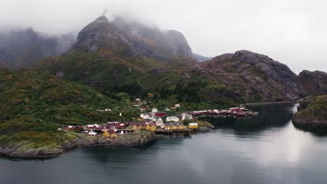 Aerial-tilt-down,-towards-the-beautiful-fisher-village-of-Å-in-the-Lofoten-Islands,-Norway