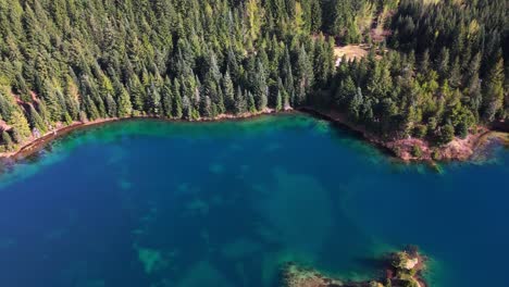 Orbital-aerial-view-of-Gold-Creek-Pond-with-clear-blue-water-and-Evergreen-Forest-in-Washington-State